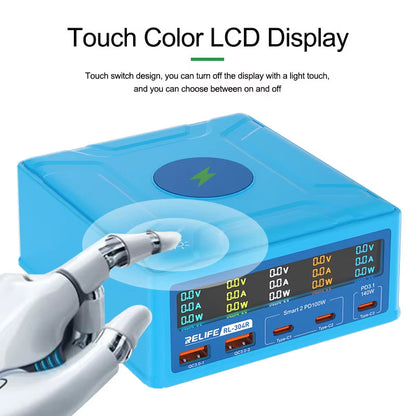 Ladestation Relife RL-304R QI, 260W, 3A, 2 x USB-A - 3 x USB-C, Blau