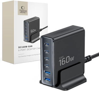 Ladestation Tech-Protect DC160W-GAN, 160W, 5A, 2 x USB-A - 4 x USB-C, Schwarz