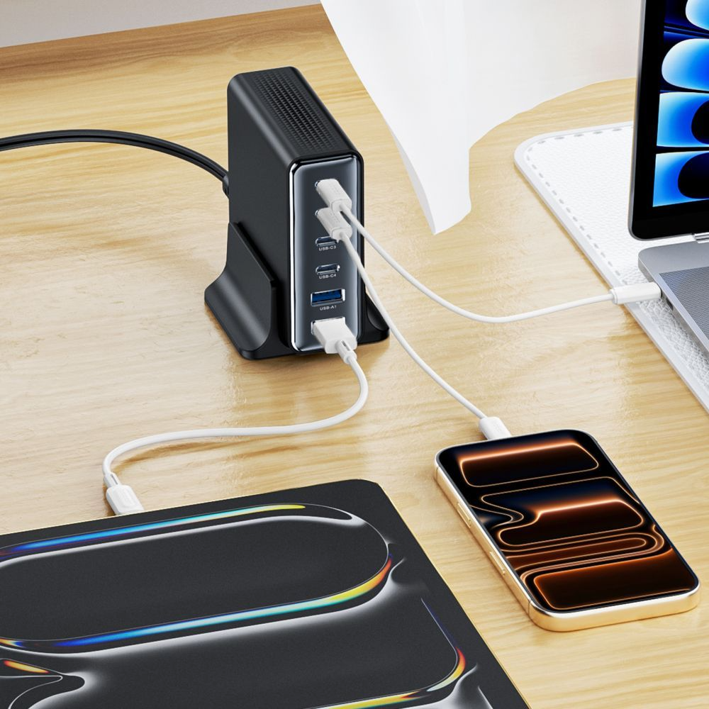 Ladestation Tech-Protect DC160W-GAN, 160W, 5A, 2 x USB-A - 4 x USB-C, Schwarz