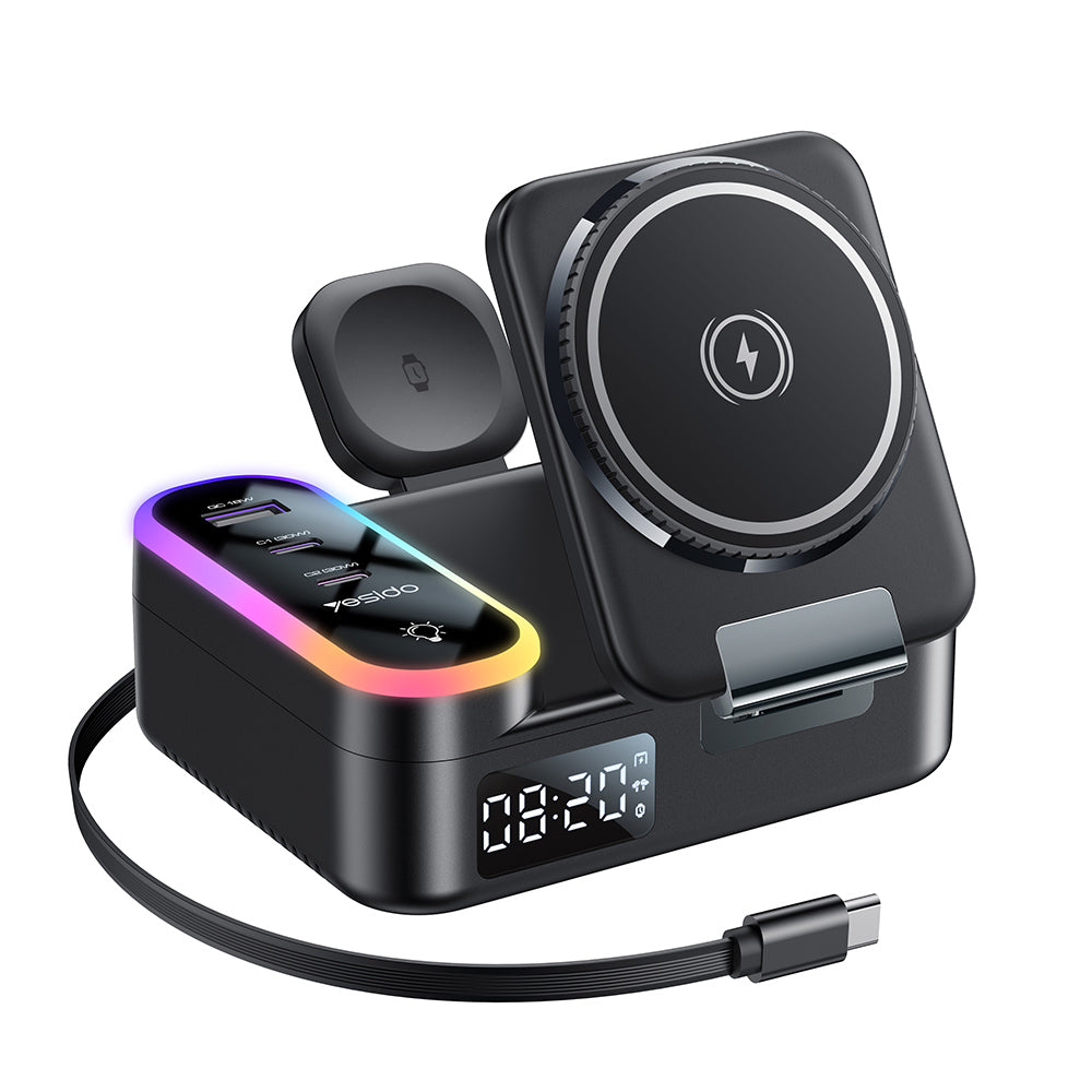 Ladestation Yesido DS38 Display QI 3in1, 65W, 3A, 1 x USB-A - 2 x USB-C, Schwarz