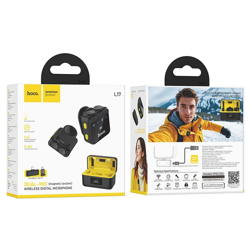 Lavaliermikrofon HOCO L17, USB-C / Lightning, Set 2 Stück, Schwarz