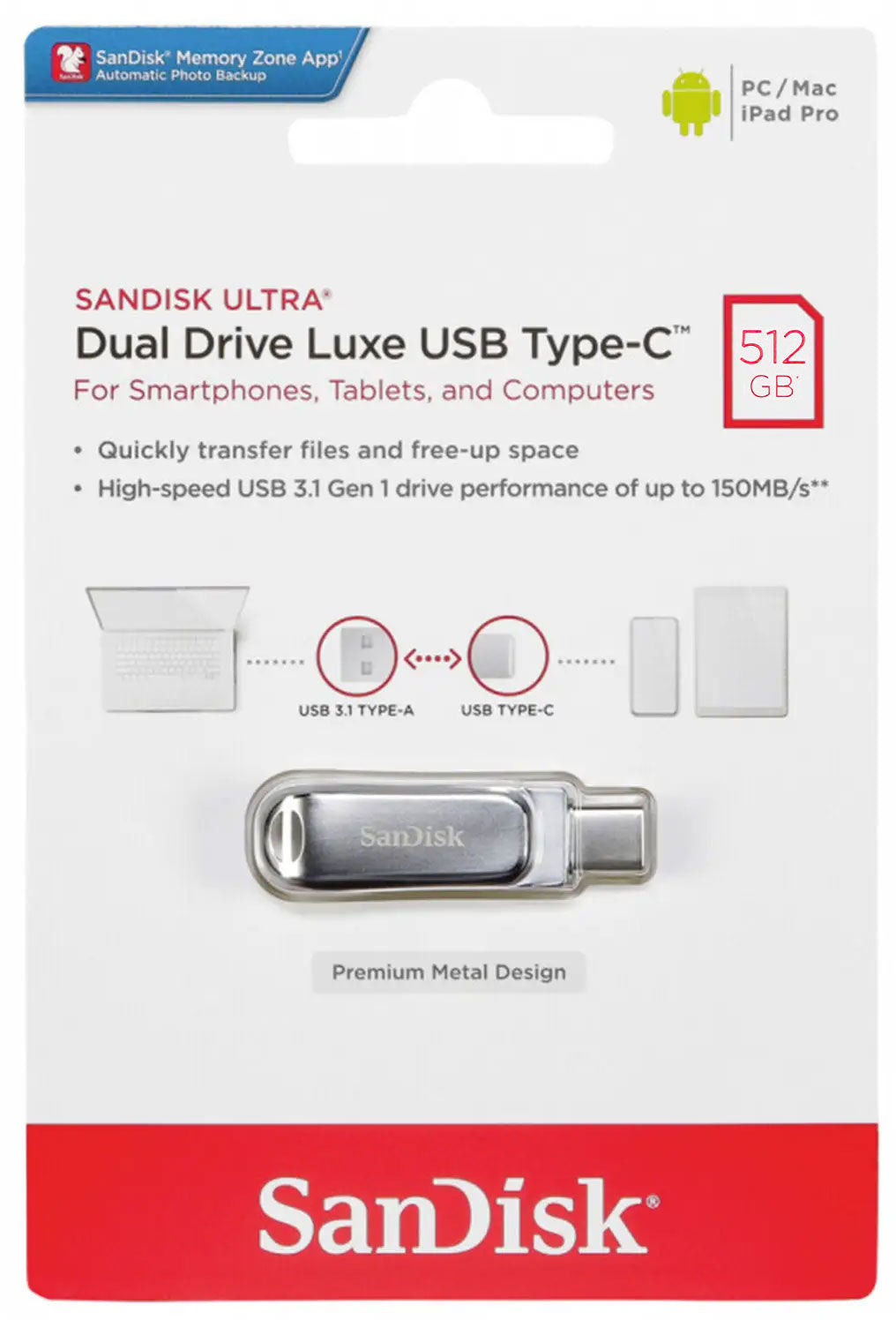 Externer Speicher USB-A 3.2 / USB-C SanDisk Ultra Luxe Dual Drive, 512GB SDDDC4-512G-G46