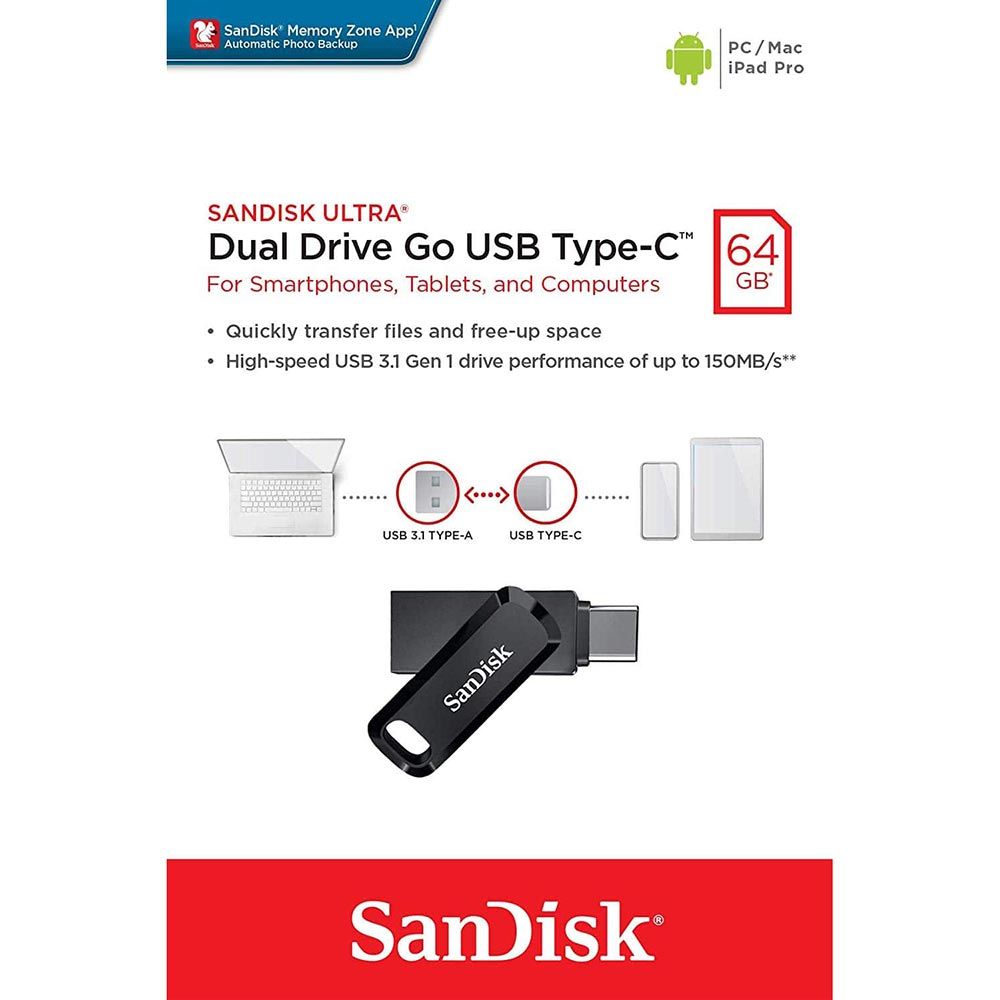 External Memory USB-A 3.2 / USB-C SanDisk Ultra Dual Go, 64Gb SDDDC3-064G-G46