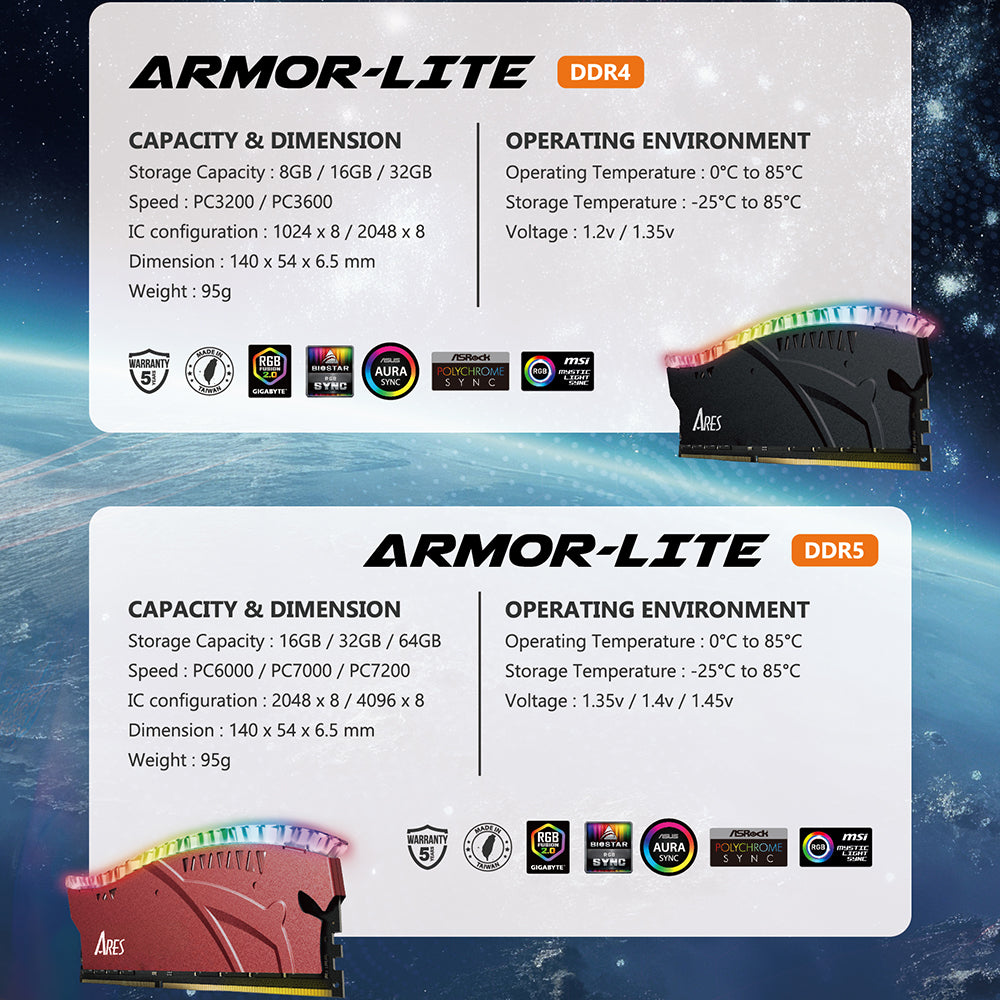 Dato Ares Armor Lite RAM-Speicher, DDR5, RGB, 16GB, 7000Mhz, Schwarz ARB16G5K70