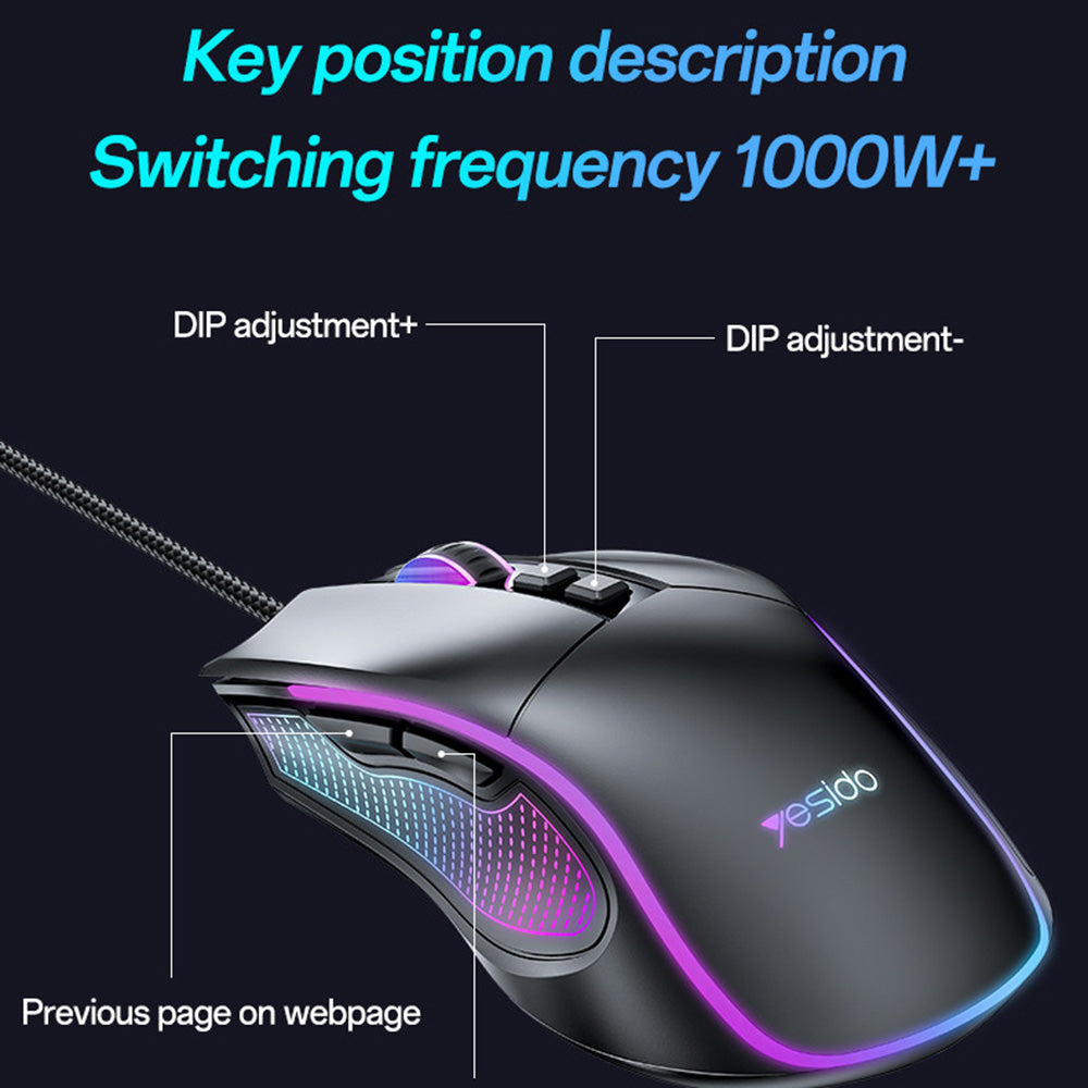 Gaming-Maus Wired USB Yesido KB20, RGB, 1000DPI - 7200DPI, Schwarz