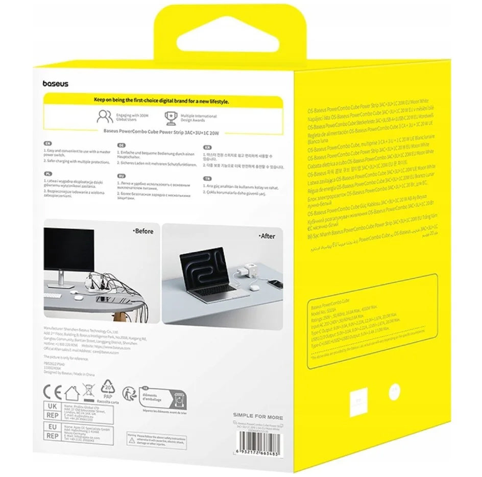 Verlängerungskabel Baseus PowerCombo 7in1, 20W, 3A, 3 x USB-A - 1 x USB-C - 3 x Schuko, Weiß E00066401213-00