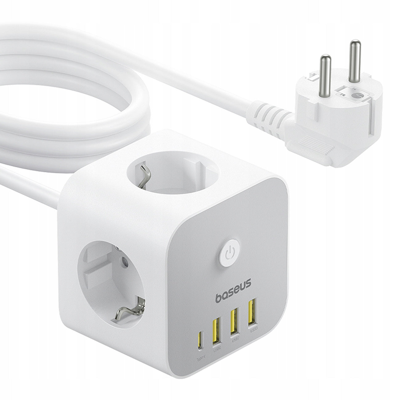 Verlängerungskabel Baseus PowerCombo 7in1, 20W, 3A, 3 x USB-A - 1 x USB-C - 3 x Schuko, Weiß E00066401213-00