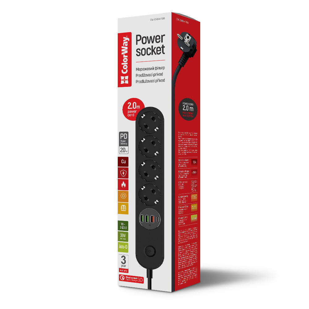 Verlängerungskabel ColorWay, 4 x Schuko, Schwarz
