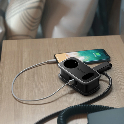 Orico APP Verlängerungskabel, 1 x Schuko - 1 x Steckdose - 2 x USB-A - 1 x USB-C, Schwarz Grau