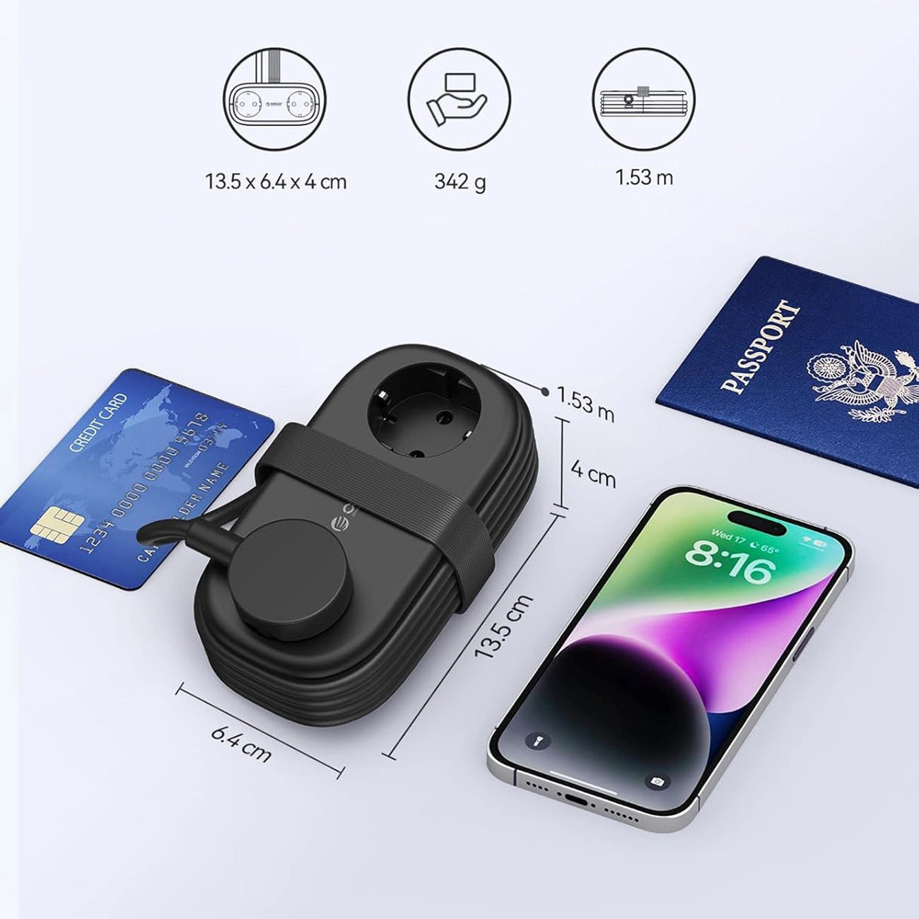 Orico Verlängerungskabel APP, 2 x Schuko - 2 x USB-A - 1 x USB-C, Schwarz