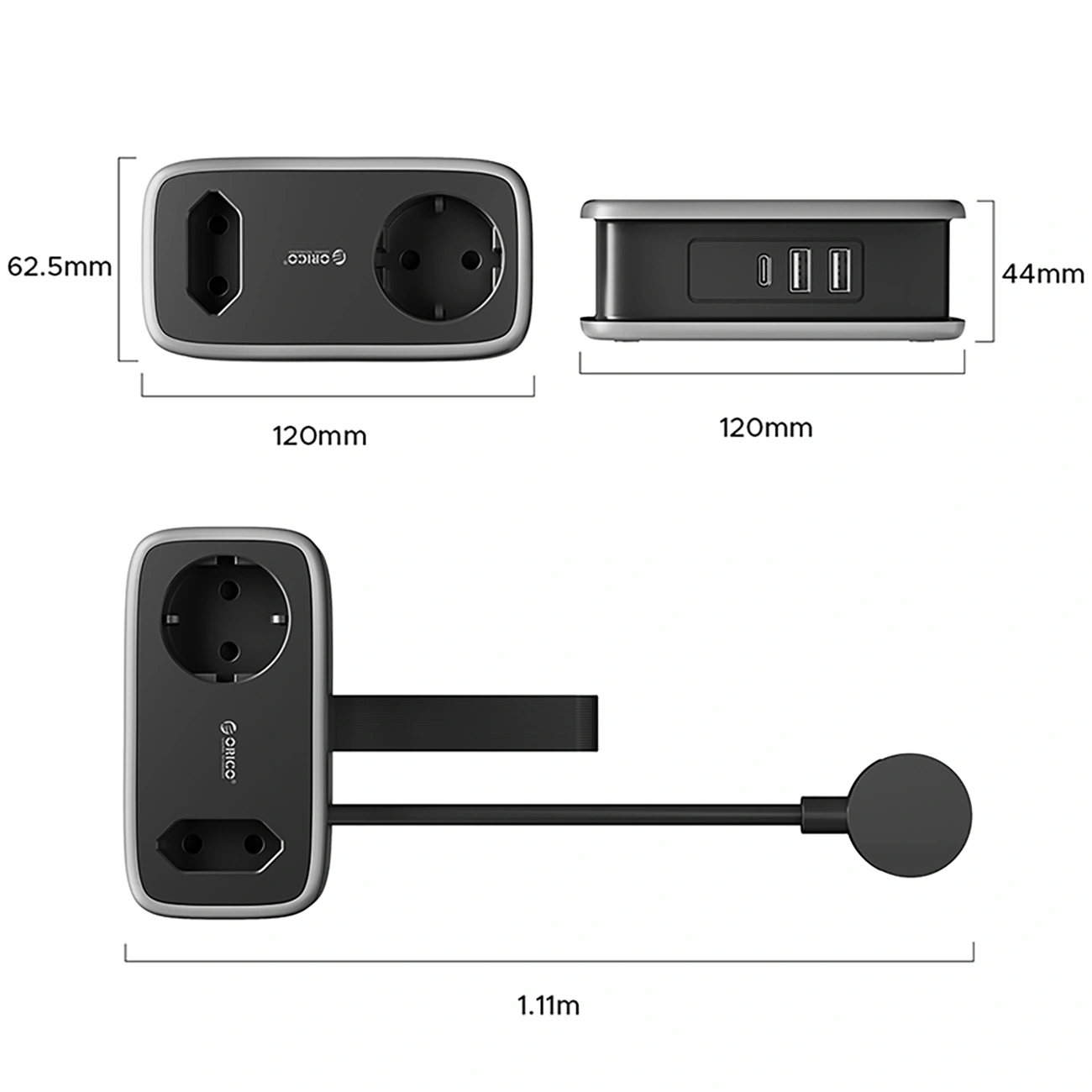 Orico APP Verlängerungskabel, 1 x Schuko - 1 x Steckdose - 2 x USB-A - 1 x USB-C, Schwarz Grau
