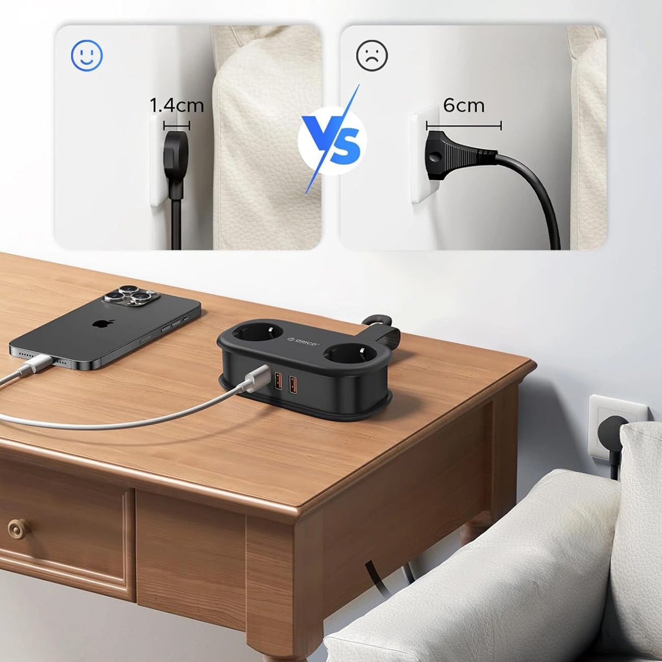 Orico Verlängerungskabel APP, 2 x Schuko - 2 x USB-A - 1 x USB-C, Schwarz