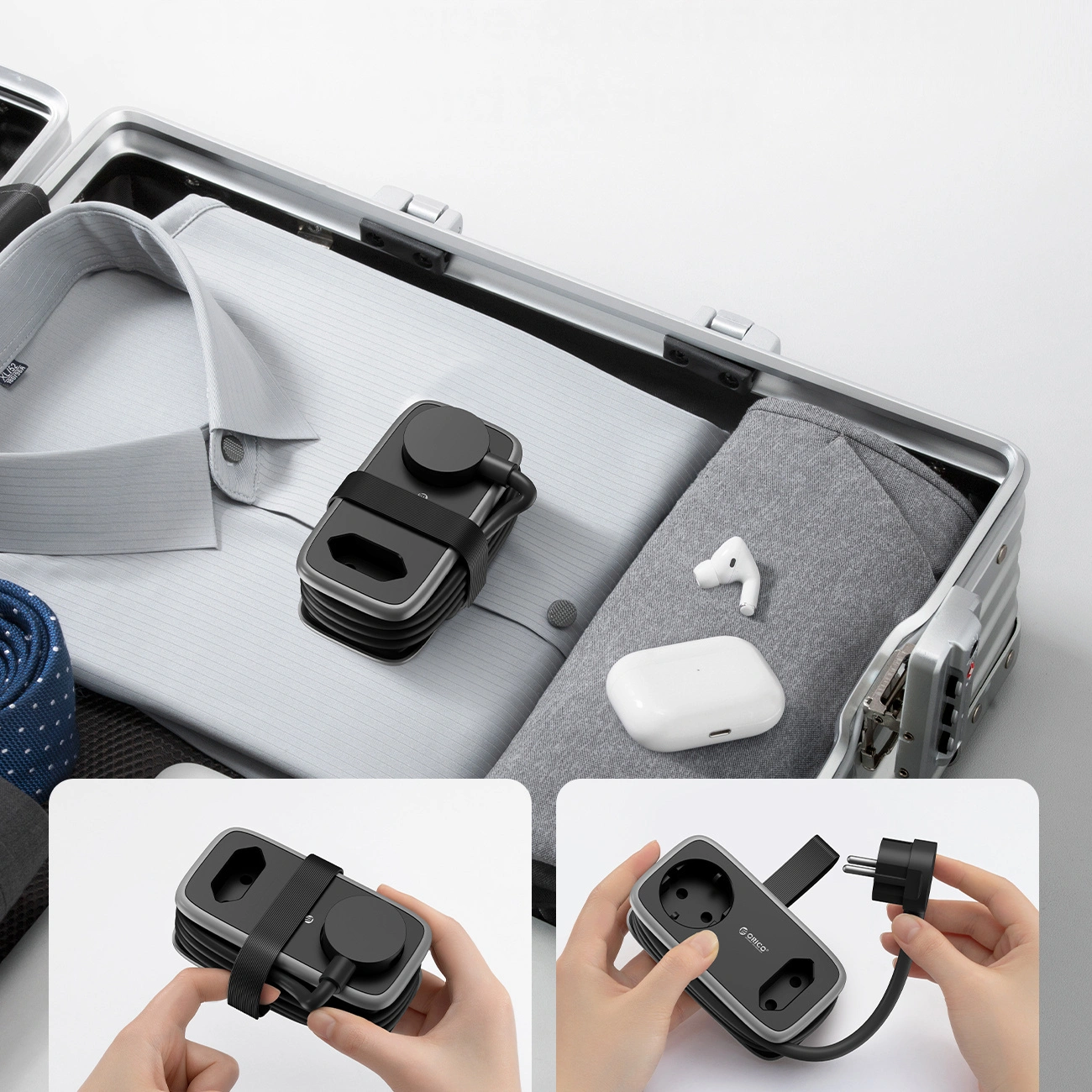Orico APP Verlängerungskabel, 1 x Schuko - 1 x Steckdose - 2 x USB-A - 1 x USB-C, Schwarz Grau