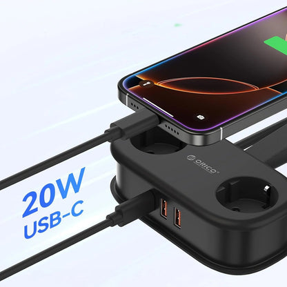 Orico Verlängerungskabel APP, 2 x Schuko - 2 x USB-A - 1 x USB-C, Schwarz