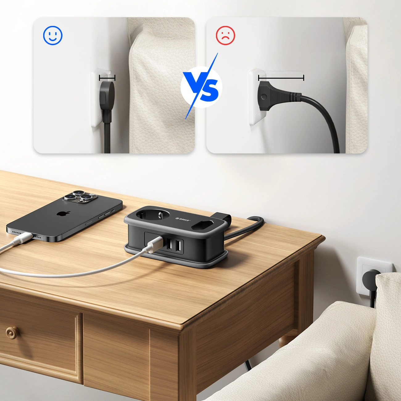 Orico APP Verlängerungskabel, 1 x Schuko - 1 x Steckdose - 2 x USB-A - 1 x USB-C, Schwarz Grau