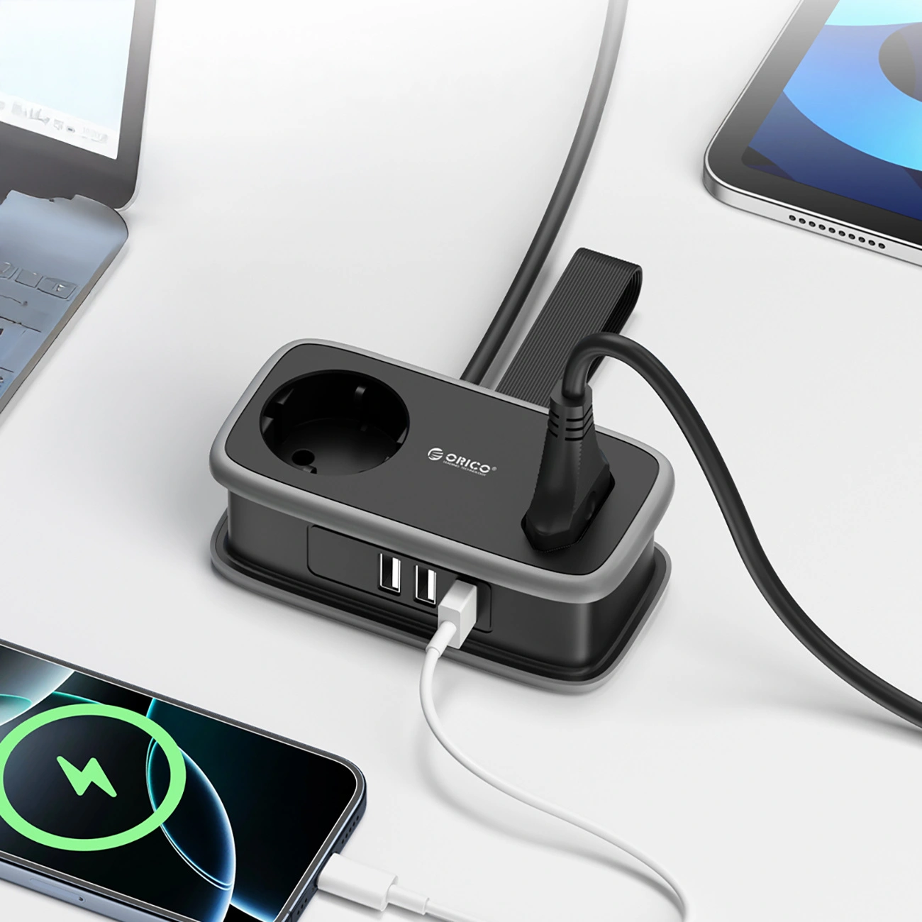 Orico APP Verlängerungskabel, 1 x Schuko - 1 x Steckdose - 2 x USB-A - 1 x USB-C, Schwarz Grau