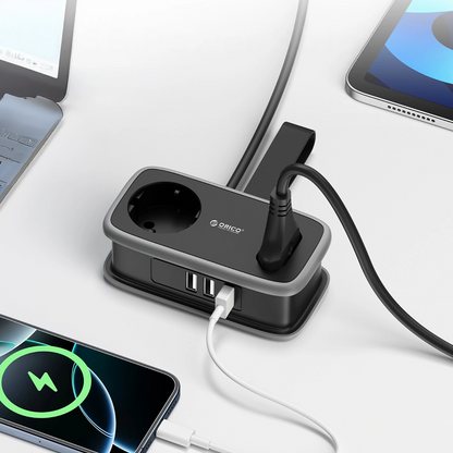 Orico APP Verlängerungskabel, 1 x Schuko - 1 x Steckdose - 2 x USB-A - 1 x USB-C, Schwarz Grau