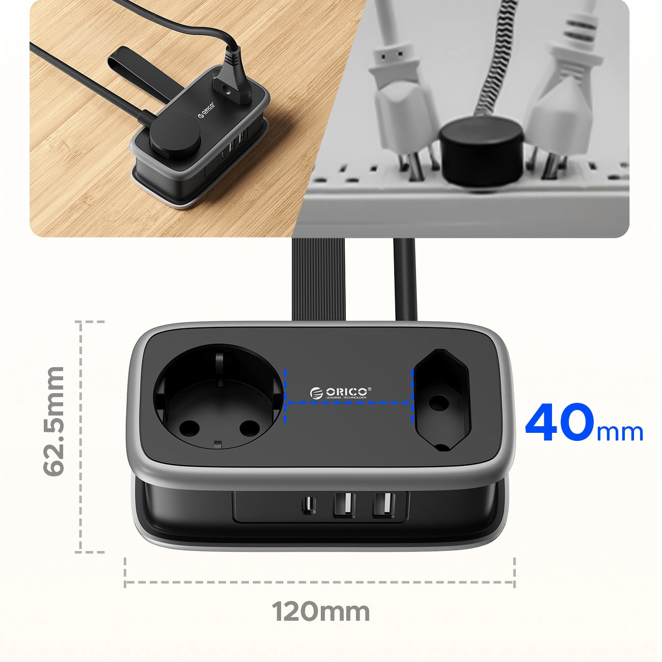 Orico APP Verlängerungskabel, 1 x Schuko - 1 x Steckdose - 2 x USB-A - 1 x USB-C, Schwarz Grau