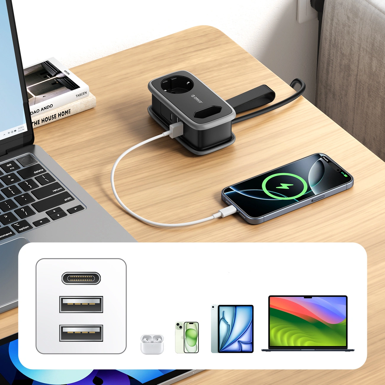 Orico APP Verlängerungskabel, 1 x Schuko - 1 x Steckdose - 2 x USB-A - 1 x USB-C, Schwarz Grau
