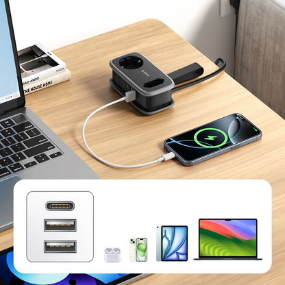 Orico APP Verlängerungskabel, 1 x Schuko - 1 x Steckdose - 2 x USB-A - 1 x USB-C, Schwarz Grau