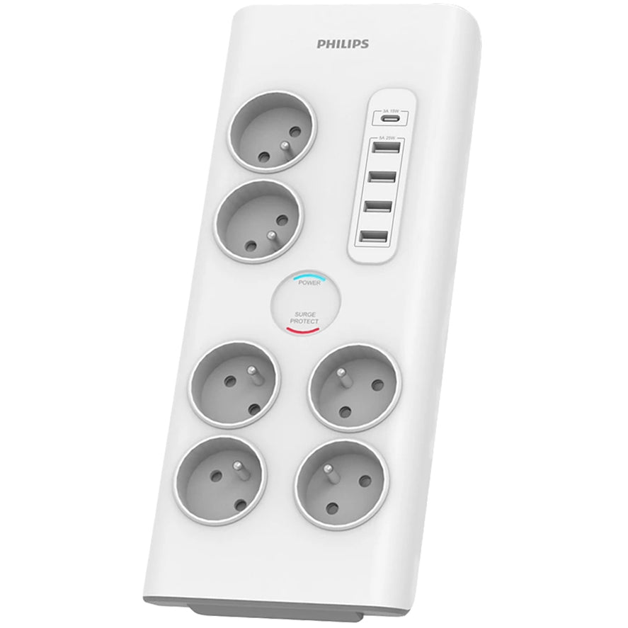 Philips Verlängerungskabel, 1 x USB-C – 4 x USB-A – 6 x Schuko, Weiß PHIL-SPN7060WA/60