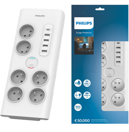 Philips Verlängerungskabel, 1 x USB-C – 4 x USB-A – 6 x Schuko, Weiß PHIL-SPN7060WA/60