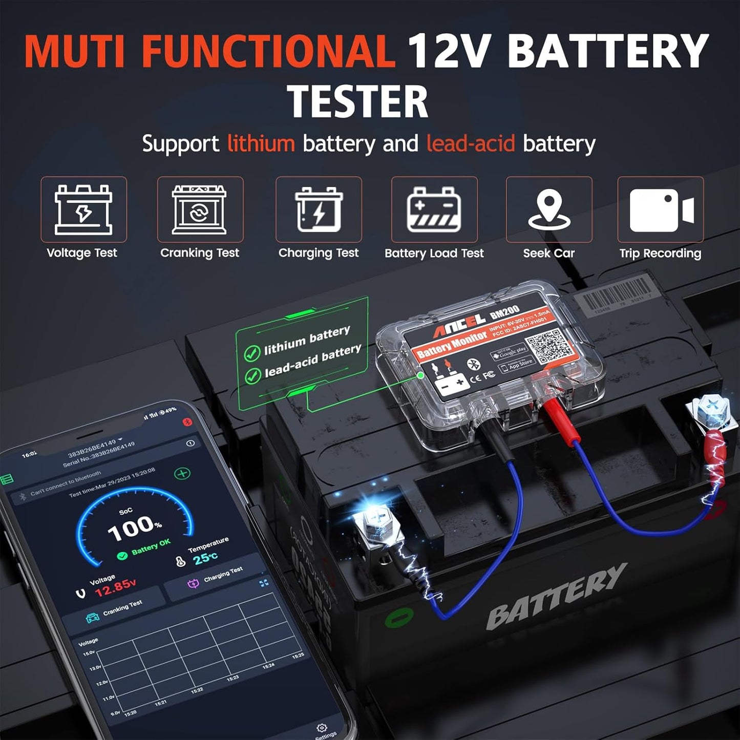 Bluetooth-Tester zur Überwachung der Autobatterie Ancel BM200